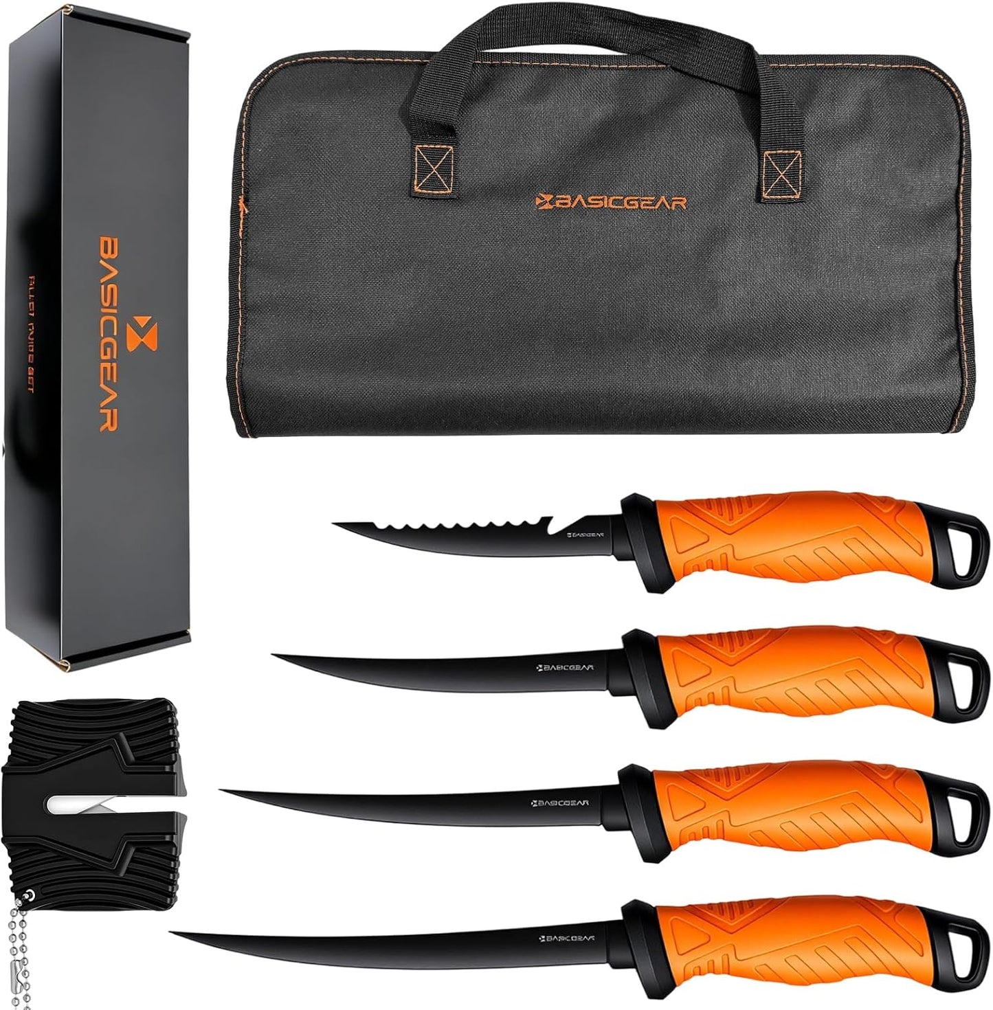 BasicGear Fishing Fillet Knife Set of 4 – 5”, 7”, 8”, 9” 440C Stainless Steel Knives with Non-Stick Blades, Sheaths, Sharpener, and Carry Bag – Deboning and Filleting Tools for All Fish Types