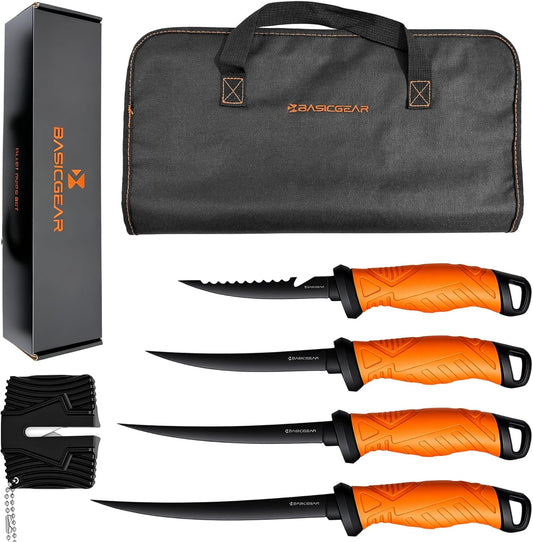 BasicGear Fishing Fillet Knife Set of 4 – 5”, 7”, 8”, 9” 440C Stainless Steel Knives with Non-Stick Blades, Sheaths, Sharpener, and Carry Bag – Deboning and Filleting Tools for All Fish Types