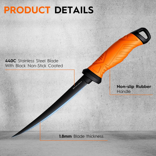 BasicGear Fishing Fillet Knife Set of 4 – 5”, 7”, 8”, 9” 440C Stainless Steel Knives with Non-Stick Blades, Sheaths, Sharpener, and Carry Bag – Deboning and Filleting Tools for All Fish Types