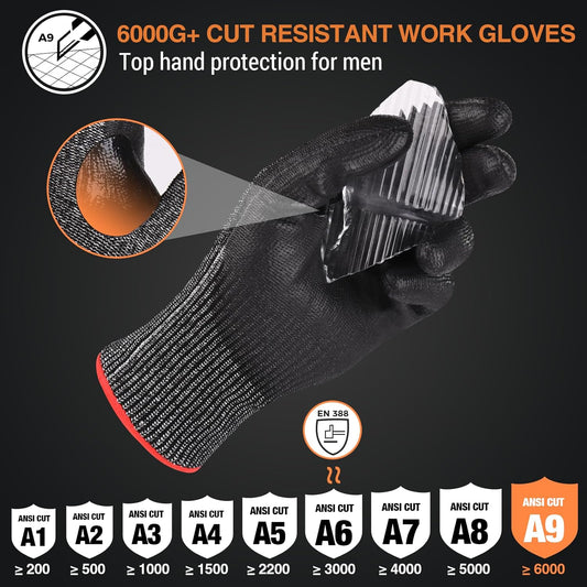 Level 9 Cut Resistant Work Gloves, Reinforced Thumb | Level 9 safety gloves feature a reinforced thumb crotch for durability. Touchscreen friendly for metal, glass & wood work.