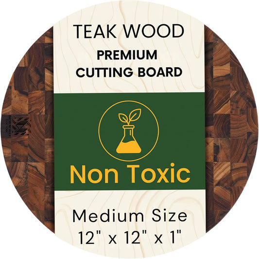 Teak Wood Round End Grain Cutting Board 11.8 Inch, Non Toxic Solid Wood Cutting Board for Kitchen Prep, Pizza & Serving Board with Handle by New M Way