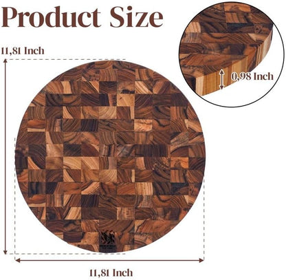 Teak Wood Round End Grain Cutting Board 11.8 Inch, Non Toxic Solid Wood Cutting Board for Kitchen Prep, Pizza & Serving Board with Handle by New M Way