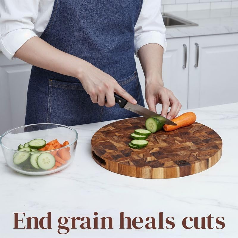 Teak Wood Round End Grain Cutting Board 11.8 Inch, Non Toxic Solid Wood Cutting Board for Kitchen Prep, Pizza & Serving Board with Handle by New M Way
