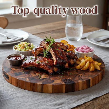 Teak Wood Round End Grain Cutting Board 11.8 Inch, Non Toxic Solid Wood Cutting Board for Kitchen Prep, Pizza & Serving Board with Handle by New M Way
