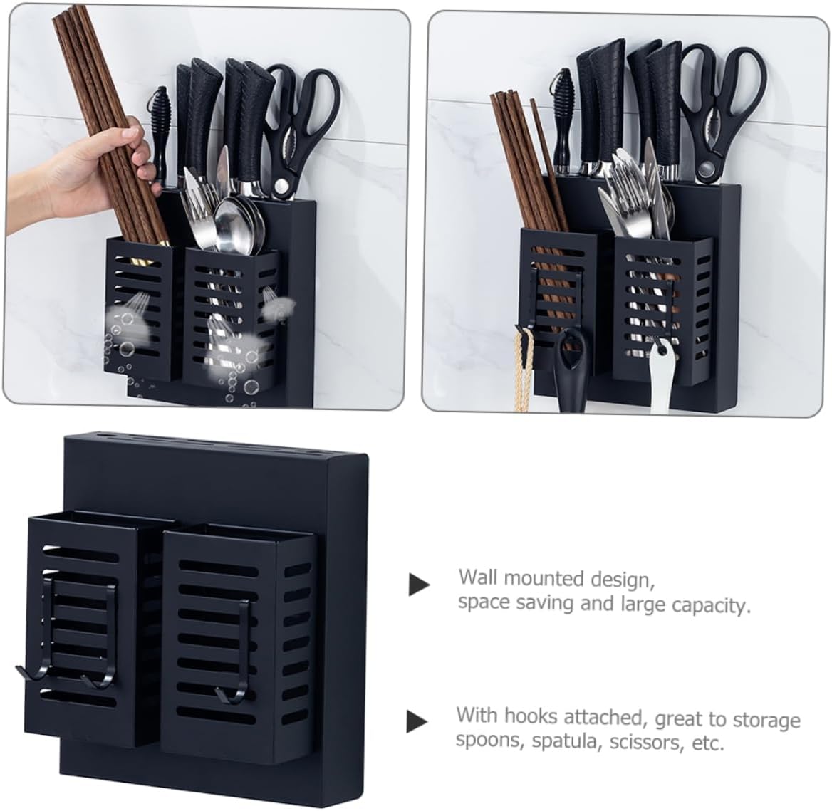 Stainless Steel Kitchen Cutlery Holder Wall Mounted Utensil Shelf with Hooks Multifunctional Storage Rack for Kitchen Utensils and Knives Black