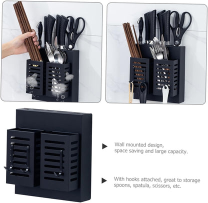 Stainless Steel Kitchen Cutlery Holder Wall Mounted Utensil Shelf with Hooks Multifunctional Storage Rack for Kitchen Utensils and Knives Black