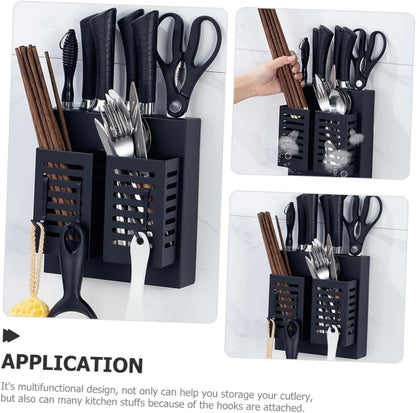 Stainless Steel Kitchen Cutlery Holder Wall Mounted Utensil Shelf with Hooks Multifunctional Storage Rack for Kitchen Utensils and Knives Black
