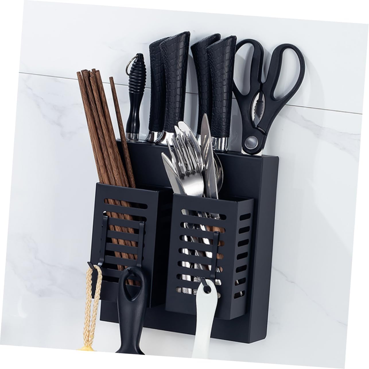 Stainless Steel Kitchen Cutlery Holder Wall Mounted Utensil Shelf with Hooks Multifunctional Storage Rack for Kitchen Utensils and Knives Black