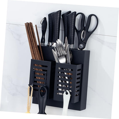 Stainless Steel Kitchen Cutlery Holder Wall Mounted Utensil Shelf with Hooks Multifunctional Storage Rack for Kitchen Utensils and Knives Black