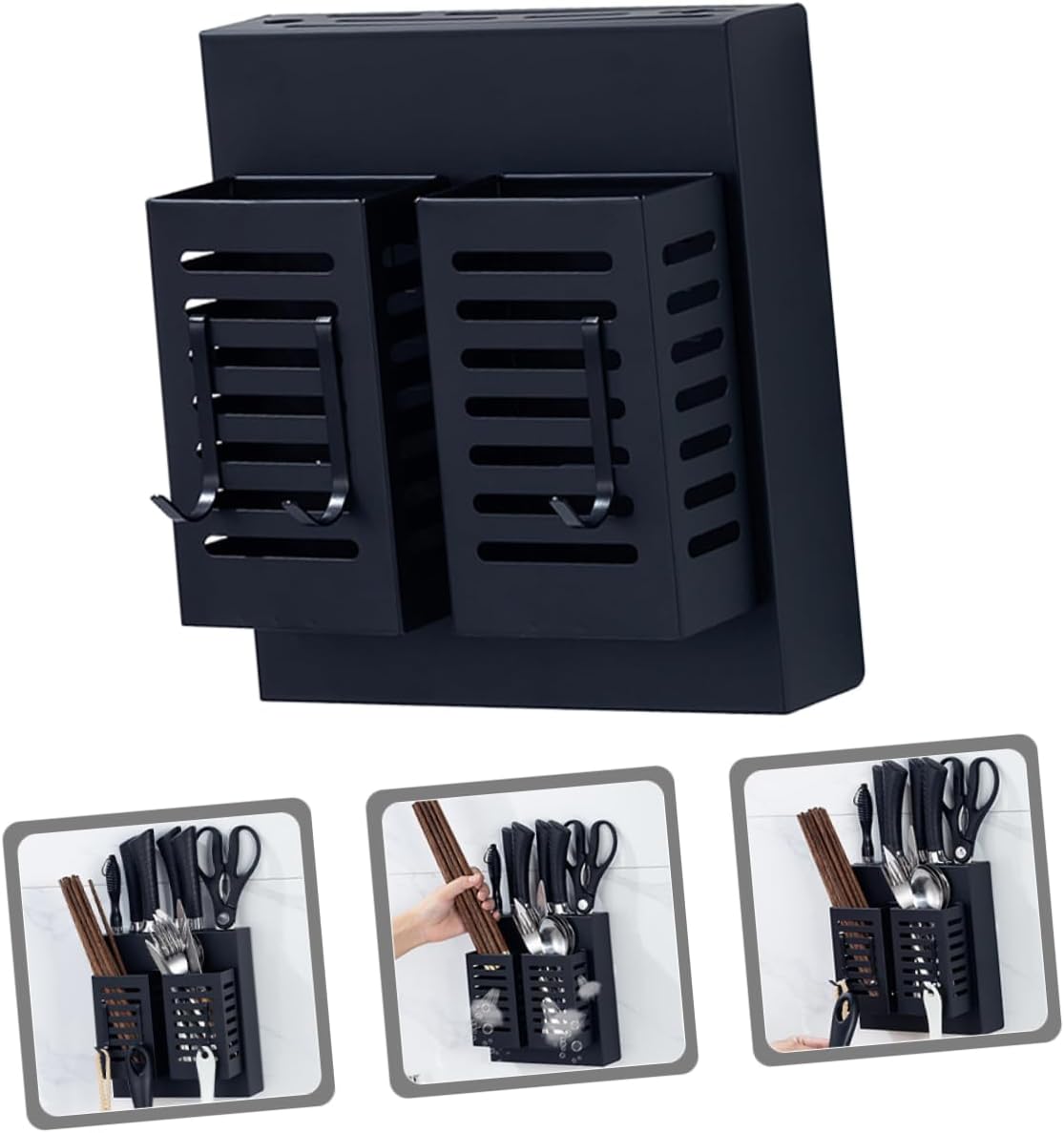 Stainless Steel Kitchen Cutlery Holder Wall Mounted Utensil Shelf with Hooks Multifunctional Storage Rack for Kitchen Utensils and Knives Black