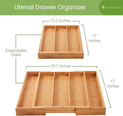 Bamboo Drawer Organizer - Expandable Silverware Organizer & Utensil Drawer Organizer, Cutlery Tray with Dividers, 7-9 Slots- Kitchen Organizer for Utensils & Flatware (Natural)