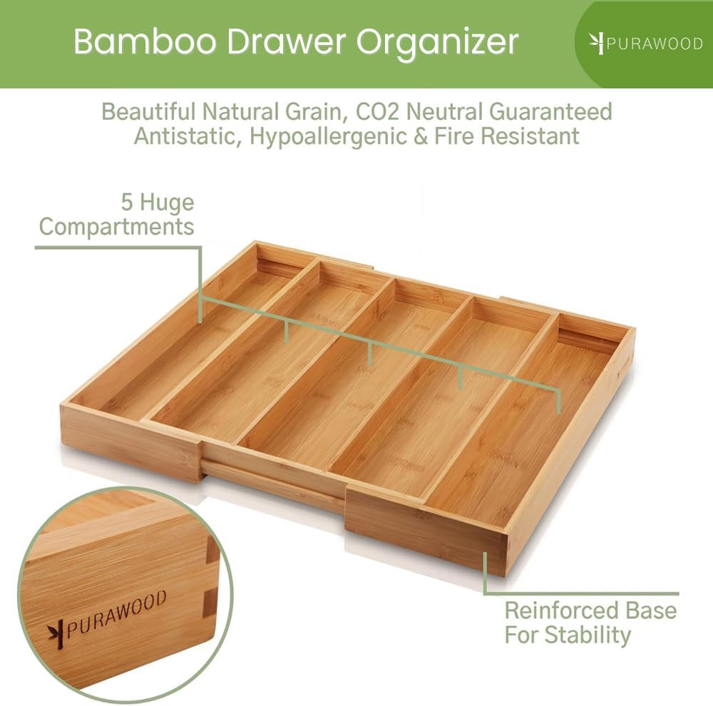 Bamboo Drawer Organizer - Expandable Silverware Organizer & Utensil Drawer Organizer, Cutlery Tray with Dividers, 7-9 Slots- Kitchen Organizer for Utensils & Flatware (Natural)