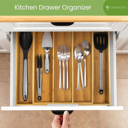 Bamboo Drawer Organizer - Expandable Silverware Organizer & Utensil Drawer Organizer, Cutlery Tray with Dividers, 7-9 Slots- Kitchen Organizer for Utensils & Flatware (Natural)