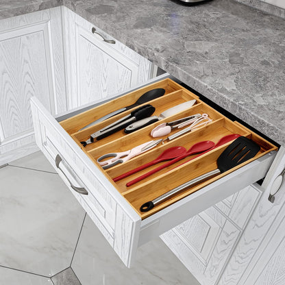 Bamboo Drawer Organizer - Expandable Silverware Organizer & Utensil Drawer Organizer, Cutlery Tray with Dividers, 7-9 Slots- Kitchen Organizer for Utensils & Flatware (Natural)