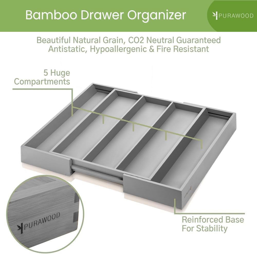 Bamboo Drawer Organizer - Expandable Silverware Organizer & Utensil Drawer Organizer, Cutlery Tray with Dividers, 7-9 Slots- Kitchen Organizer for Utensils & Flatware (Natural)
