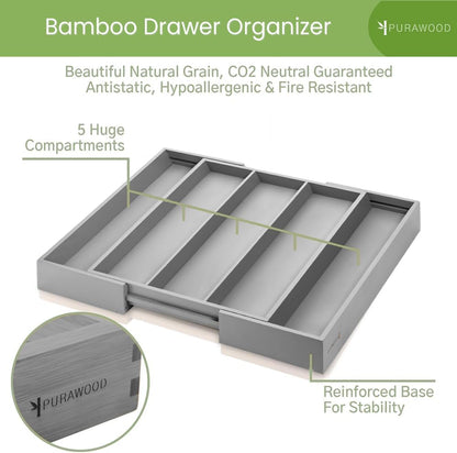 Bamboo Drawer Organizer - Expandable Silverware Organizer & Utensil Drawer Organizer, Cutlery Tray with Dividers, 7-9 Slots- Kitchen Organizer for Utensils & Flatware (Natural)