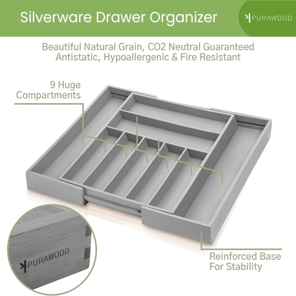Bamboo Drawer Organizer - Expandable Silverware Organizer & Utensil Drawer Organizer, Cutlery Tray with Dividers, 7-9 Slots- Kitchen Organizer for Utensils & Flatware (Natural)