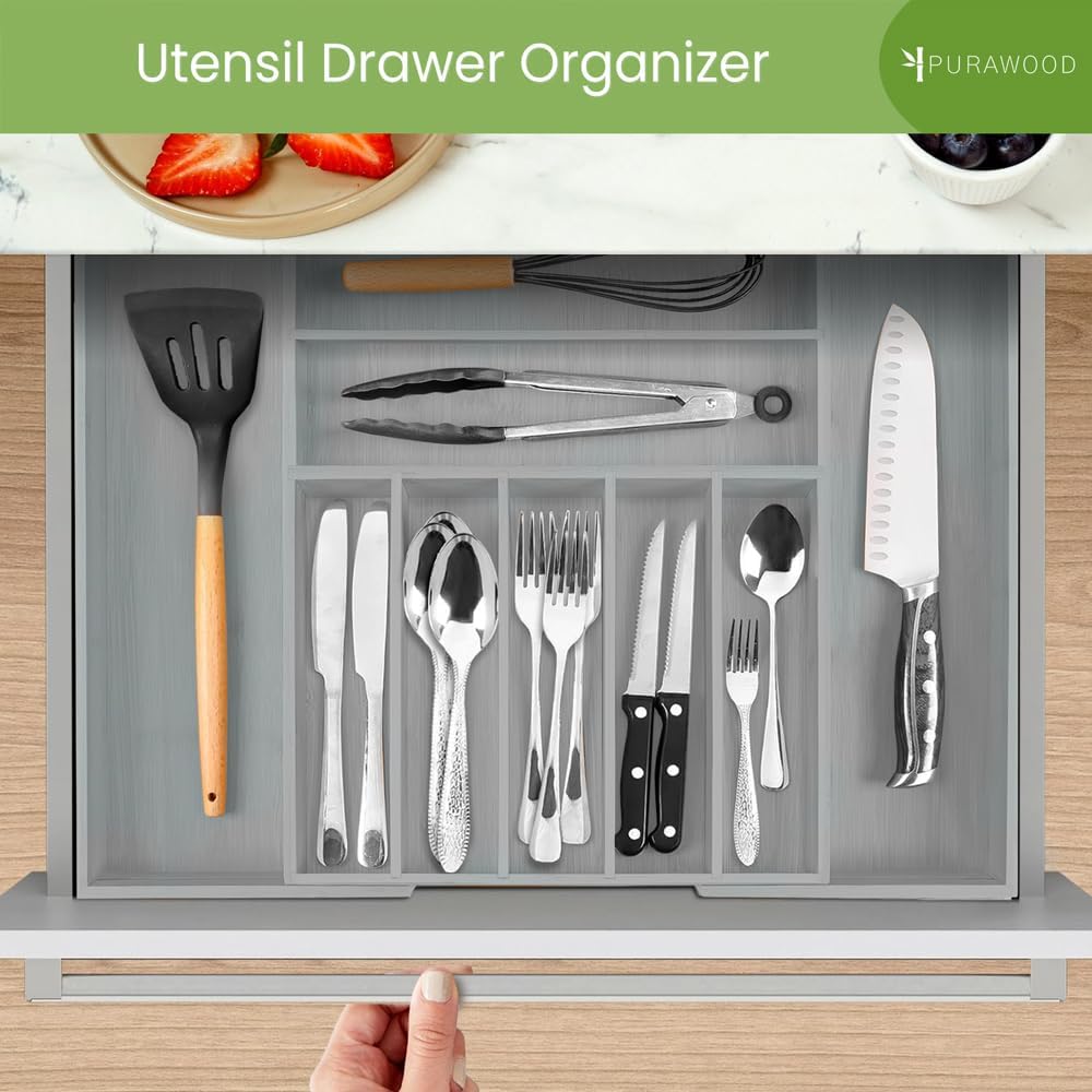 Bamboo Drawer Organizer - Expandable Silverware Organizer & Utensil Drawer Organizer, Cutlery Tray with Dividers, 7-9 Slots- Kitchen Organizer for Utensils & Flatware (Natural)
