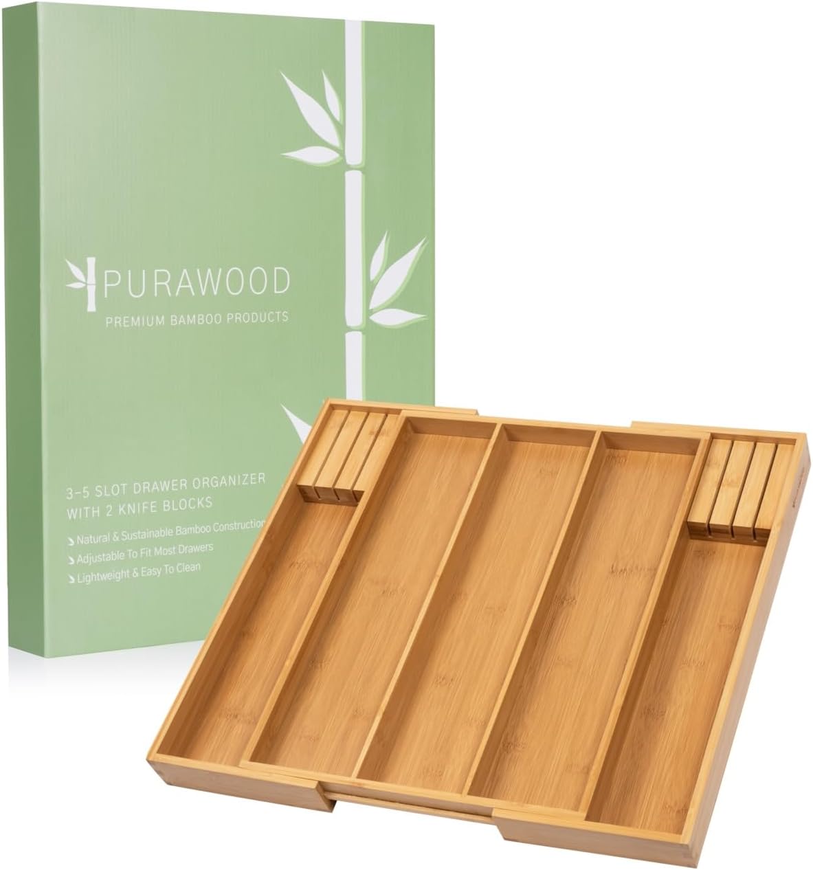 Bamboo Drawer Organizer - Expandable Silverware Organizer & Utensil Drawer Organizer, Cutlery Tray with Dividers, 7-9 Slots- Kitchen Organizer for Utensils & Flatware (Natural)