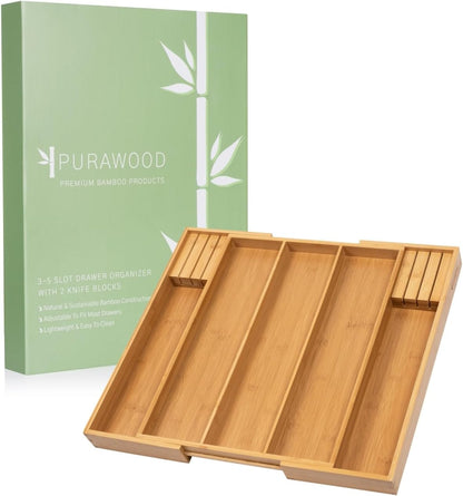 Bamboo Drawer Organizer - Expandable Silverware Organizer & Utensil Drawer Organizer, Cutlery Tray with Dividers, 7-9 Slots- Kitchen Organizer for Utensils & Flatware (Natural)