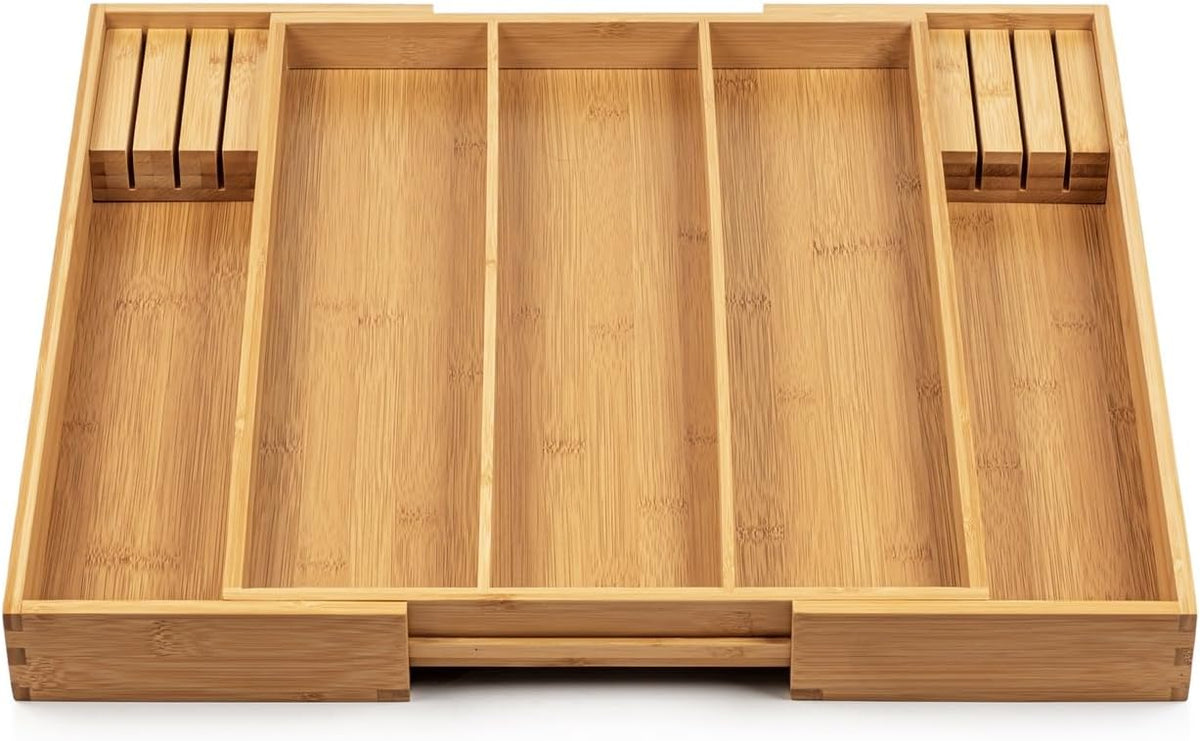Bamboo Drawer Organizer - Expandable Silverware Organizer & Utensil Drawer Organizer, Cutlery Tray with Dividers, 7-9 Slots- Kitchen Organizer for Utensils & Flatware (Natural)