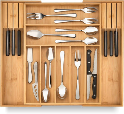 Bamboo Drawer Organizer - Expandable Silverware Organizer & Utensil Drawer Organizer, Cutlery Tray with Dividers, 7-9 Slots- Kitchen Organizer for Utensils & Flatware (Natural)