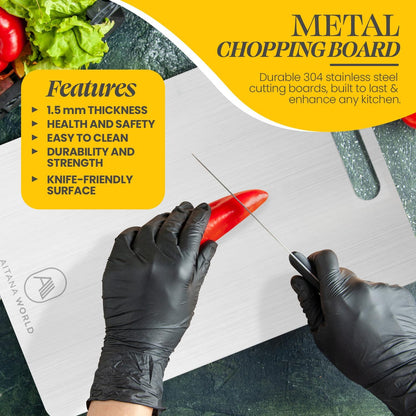 Stainless Steel Cutting Board for Kitchen – 4-Piece Kitchen Kit with Finger Guards, Paring Knife & Knife Sharpener – Rustproof Steel Chopping Board, Non-Slip, Easy to Clean,for Meat, Veggies & Fruits