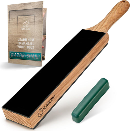 Leather Strop for Knife Sharpening - Dual-Sided Knife Strop with Stropping Compound Kit - Honing Strop Block 14" for Woodcarving Tools, Chisel Knife Sharpening Kit Leather Sharpener LS6P1