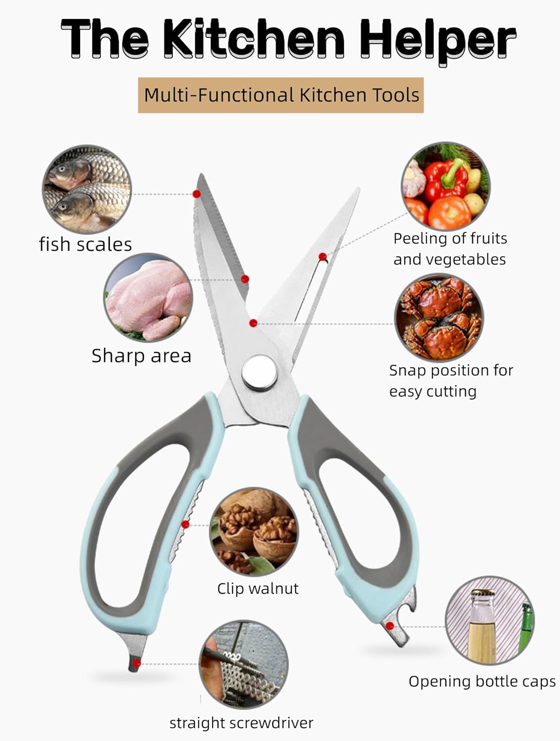 6-in-1 Stainless Steel Multifunction Kitchen Food Scissors, Blue-grey | Detachable Kitchen Shears with Magnetic Holder, Household Scissors for Cut Meat, Fish, Vegetable, BBQ, Poultry