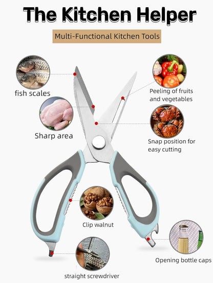 6-in-1 Stainless Steel Multifunction Kitchen Food Scissors, Blue-grey | Detachable Kitchen Shears with Magnetic Holder, Household Scissors for Cut Meat, Fish, Vegetable, BBQ, Poultry