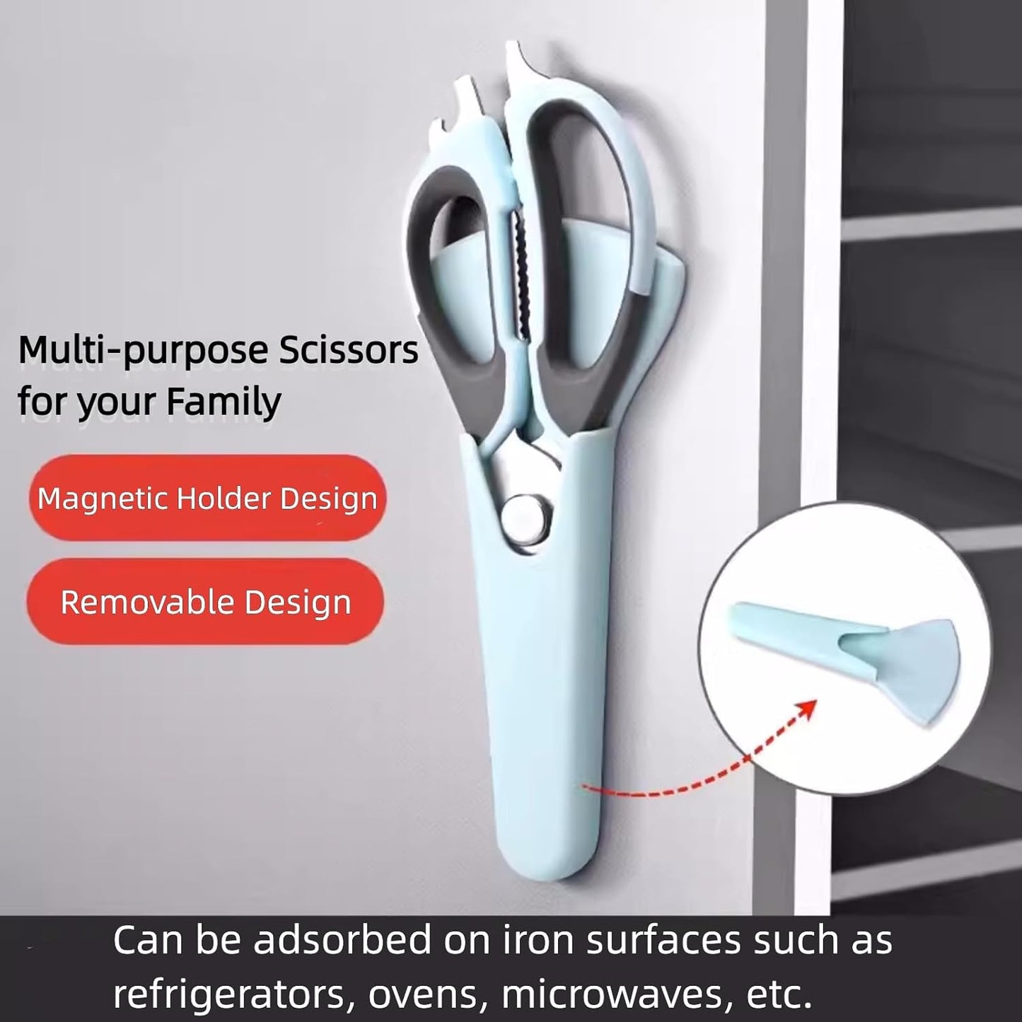 6-in-1 Stainless Steel Multifunction Kitchen Food Scissors, Blue-grey | Detachable Kitchen Shears with Magnetic Holder, Household Scissors for Cut Meat, Fish, Vegetable, BBQ, Poultry