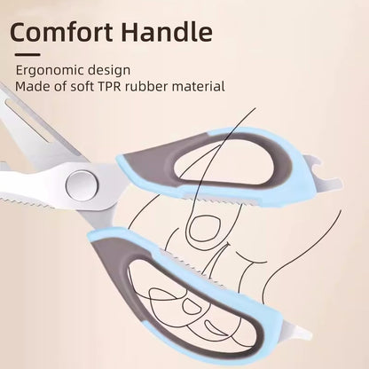6-in-1 Stainless Steel Multifunction Kitchen Food Scissors, Blue-grey | Detachable Kitchen Shears with Magnetic Holder, Household Scissors for Cut Meat, Fish, Vegetable, BBQ, Poultry