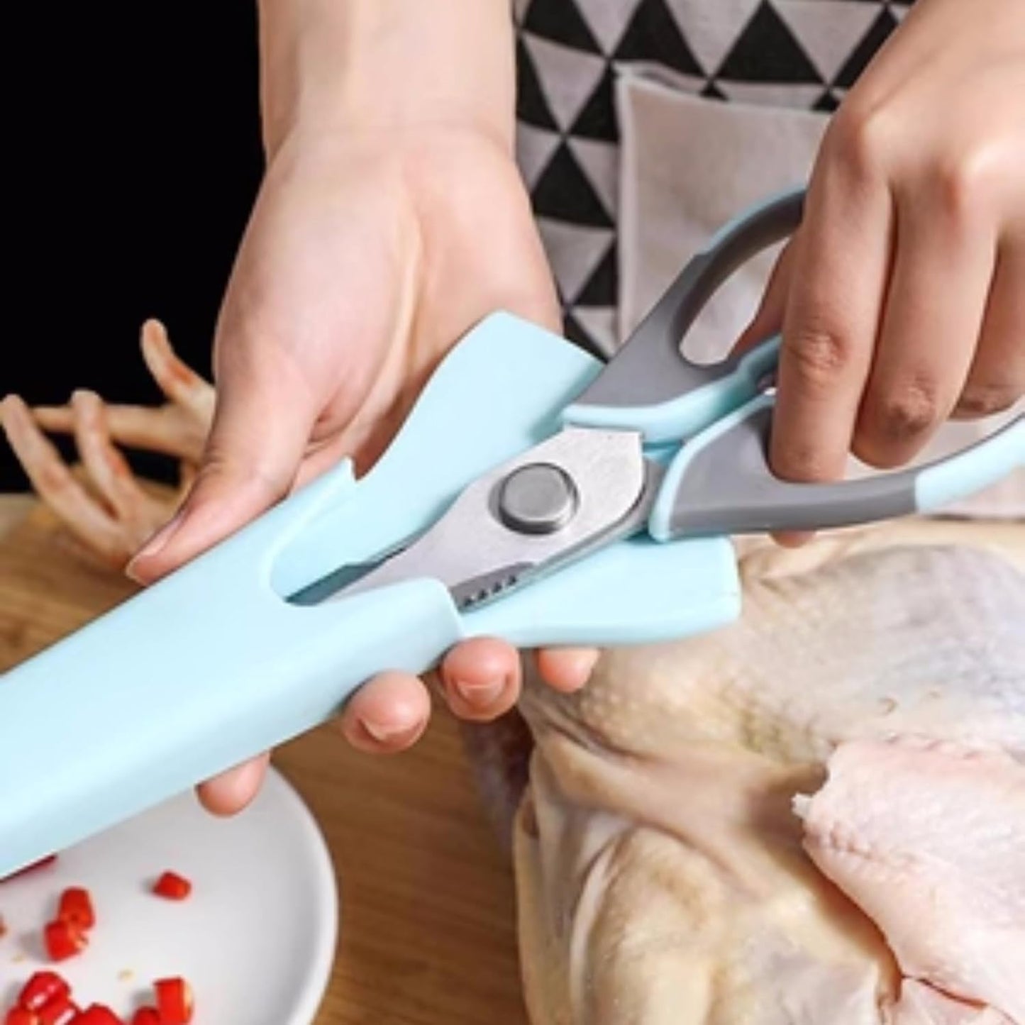 6-in-1 Stainless Steel Multifunction Kitchen Food Scissors, Blue-grey | Detachable Kitchen Shears with Magnetic Holder, Household Scissors for Cut Meat, Fish, Vegetable, BBQ, Poultry