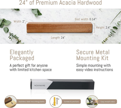 Premium 24 inch Magnetic Knife Holder for Wall with 2x Storage & Charming Wood - Knife Magnetic Strip, Under Cabinet Magnet Knives Storage - Magnet Strip Rack Kitchen Utensil Holder Organizer Tool