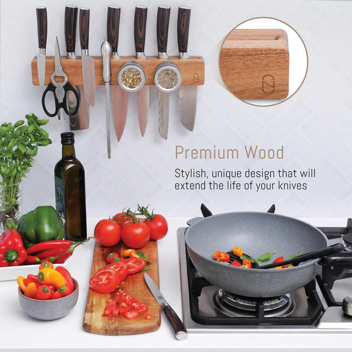 Premium 24 inch Magnetic Knife Holder for Wall with 2x Storage & Charming Wood - Knife Magnetic Strip, Under Cabinet Magnet Knives Storage - Magnet Strip Rack Kitchen Utensil Holder Organizer Tool