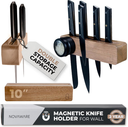 Premium 24 inch Magnetic Knife Holder for Wall with 2x Storage & Charming Wood - Knife Magnetic Strip, Under Cabinet Magnet Knives Storage - Magnet Strip Rack Kitchen Utensil Holder Organizer Tool