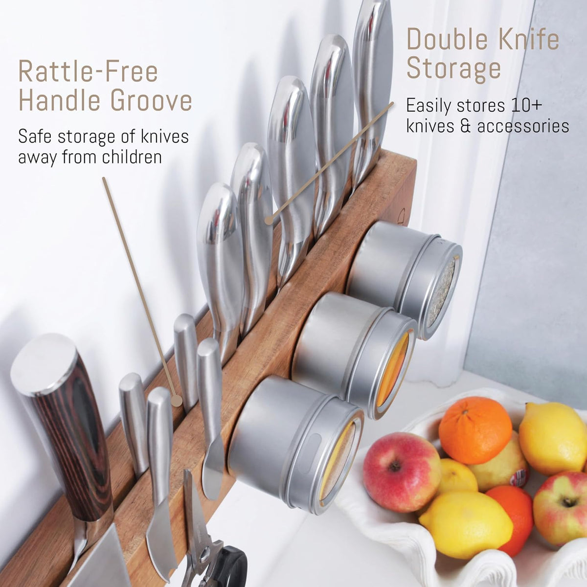 Premium 24 inch Magnetic Knife Holder for Wall with 2x Storage & Charming Wood - Knife Magnetic Strip, Under Cabinet Magnet Knives Storage - Magnet Strip Rack Kitchen Utensil Holder Organizer Tool