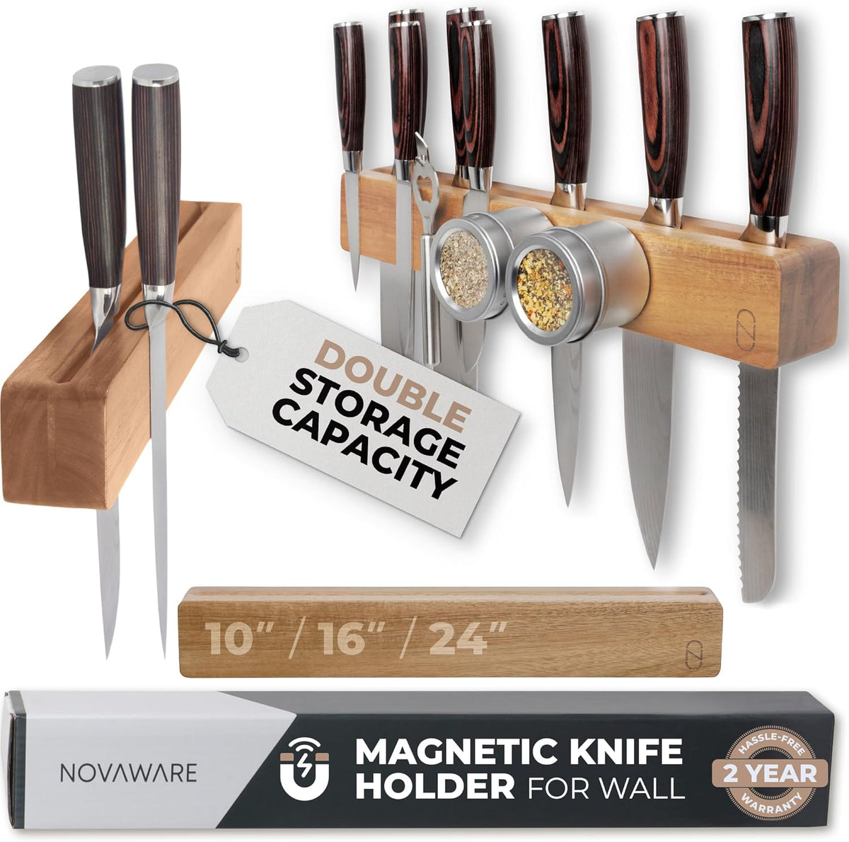 Premium 24 inch Magnetic Knife Holder for Wall with 2x Storage & Charming Wood - Knife Magnetic Strip, Under Cabinet Magnet Knives Storage - Magnet Strip Rack Kitchen Utensil Holder Organizer Tool