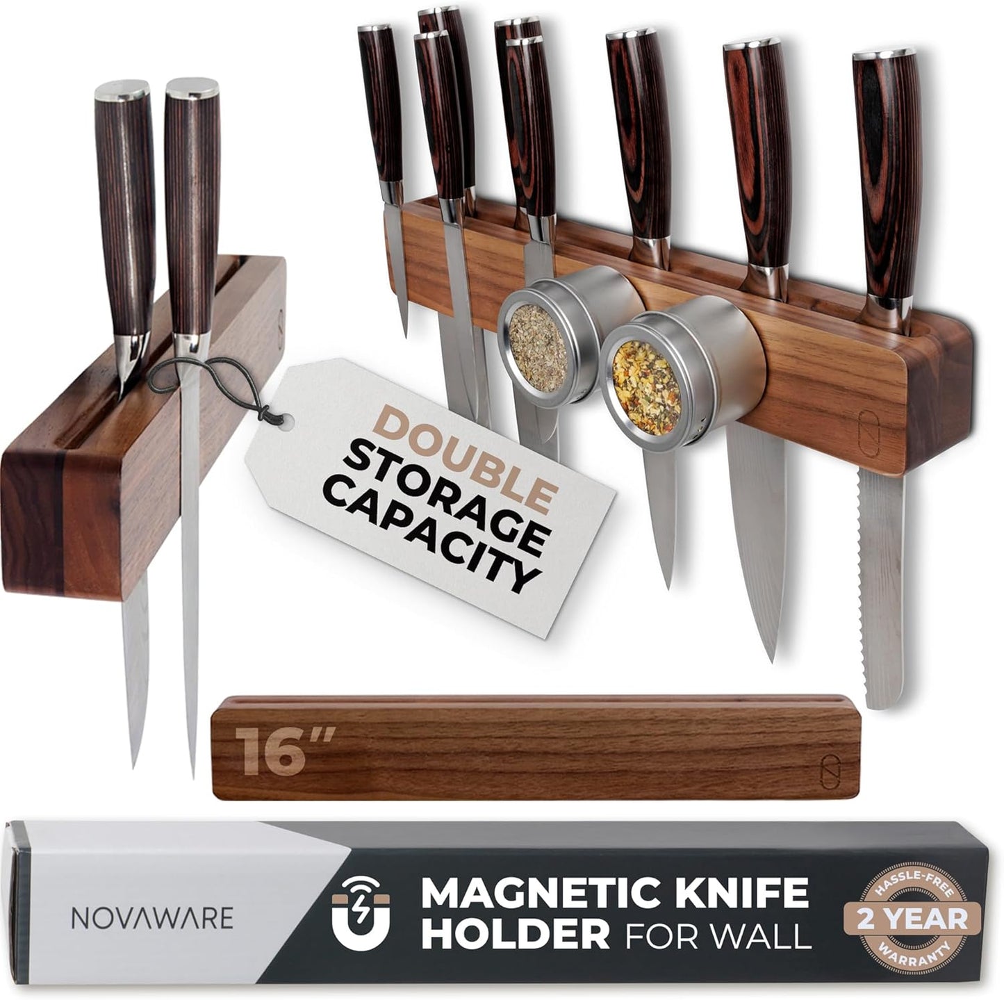 Premium 24 inch Magnetic Knife Holder for Wall with 2x Storage & Charming Wood - Knife Magnetic Strip, Under Cabinet Magnet Knives Storage - Magnet Strip Rack Kitchen Utensil Holder Organizer Tool