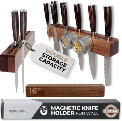 Premium 24 inch Magnetic Knife Holder for Wall with 2x Storage & Charming Wood - Knife Magnetic Strip, Under Cabinet Magnet Knives Storage - Magnet Strip Rack Kitchen Utensil Holder Organizer Tool