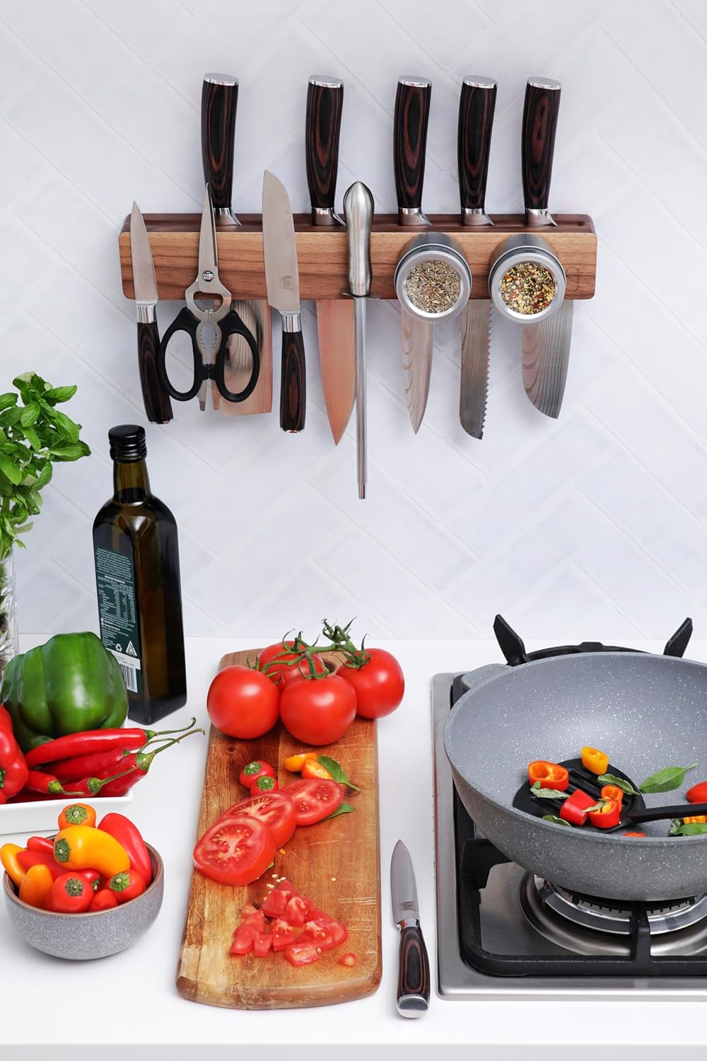 Premium 24 inch Magnetic Knife Holder for Wall with 2x Storage & Charming Wood - Knife Magnetic Strip, Under Cabinet Magnet Knives Storage - Magnet Strip Rack Kitchen Utensil Holder Organizer Tool