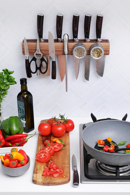 Premium 24 inch Magnetic Knife Holder for Wall with 2x Storage & Charming Wood - Knife Magnetic Strip, Under Cabinet Magnet Knives Storage - Magnet Strip Rack Kitchen Utensil Holder Organizer Tool