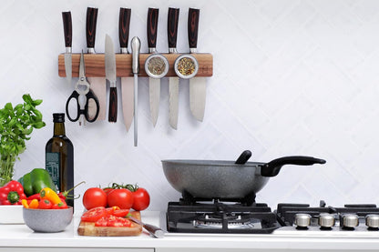 Premium 24 inch Magnetic Knife Holder for Wall with 2x Storage & Charming Wood - Knife Magnetic Strip, Under Cabinet Magnet Knives Storage - Magnet Strip Rack Kitchen Utensil Holder Organizer Tool