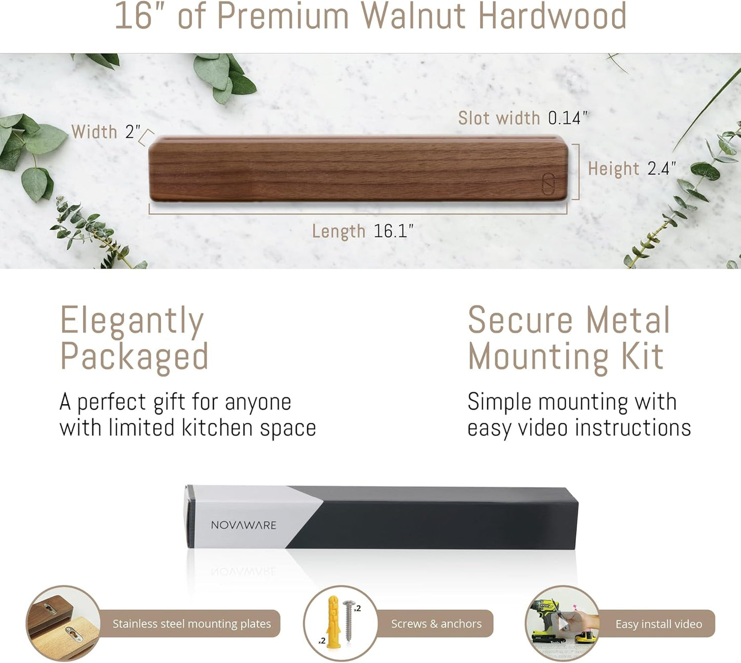 Premium 24 inch Magnetic Knife Holder for Wall with 2x Storage & Charming Wood - Knife Magnetic Strip, Under Cabinet Magnet Knives Storage - Magnet Strip Rack Kitchen Utensil Holder Organizer Tool
