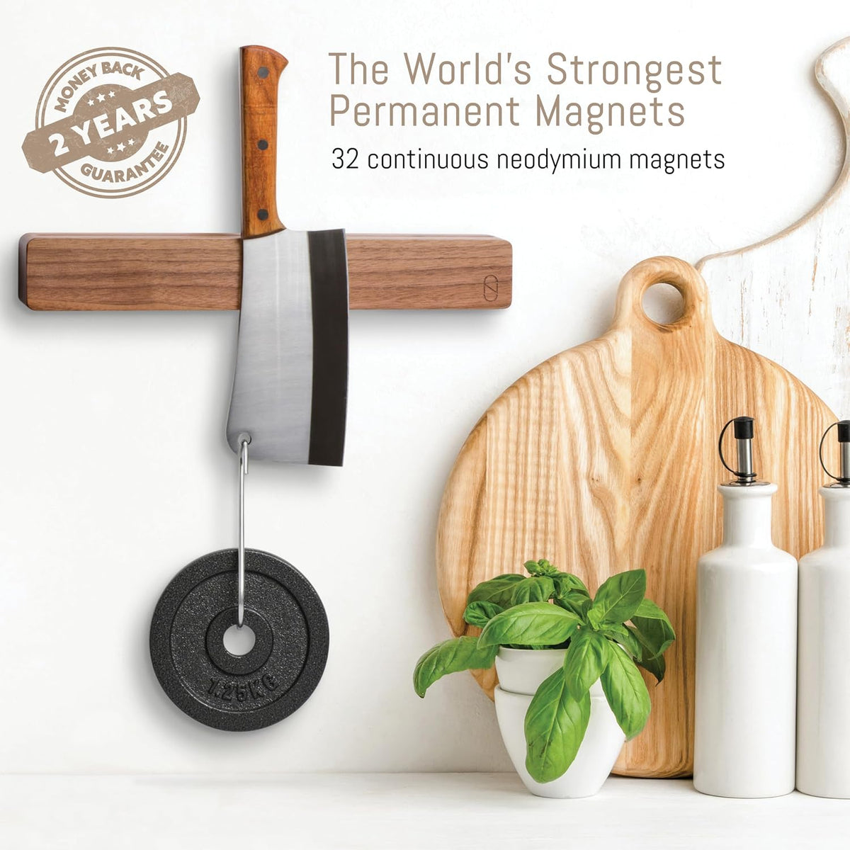 Premium 24 inch Magnetic Knife Holder for Wall with 2x Storage & Charming Wood - Knife Magnetic Strip, Under Cabinet Magnet Knives Storage - Magnet Strip Rack Kitchen Utensil Holder Organizer Tool