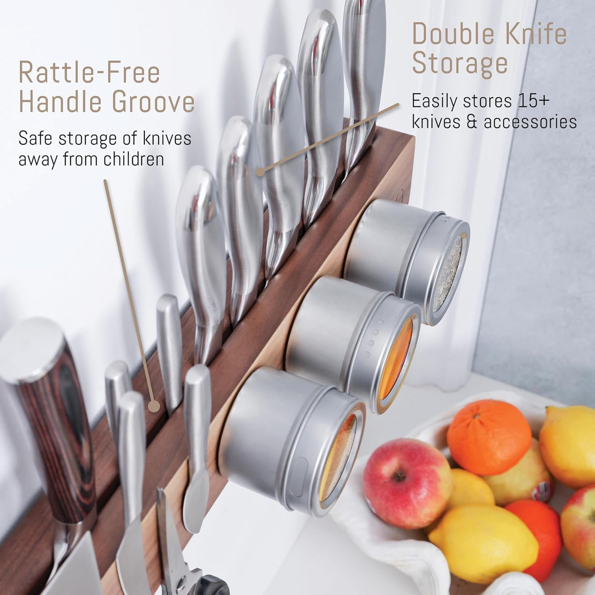 Premium 24 inch Magnetic Knife Holder for Wall with 2x Storage & Charming Wood - Knife Magnetic Strip, Under Cabinet Magnet Knives Storage - Magnet Strip Rack Kitchen Utensil Holder Organizer Tool