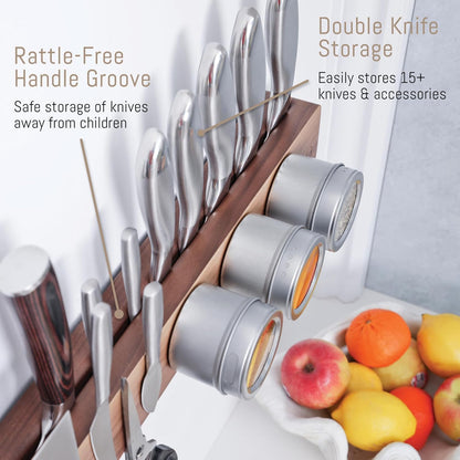 Premium 24 inch Magnetic Knife Holder for Wall with 2x Storage & Charming Wood - Knife Magnetic Strip, Under Cabinet Magnet Knives Storage - Magnet Strip Rack Kitchen Utensil Holder Organizer Tool