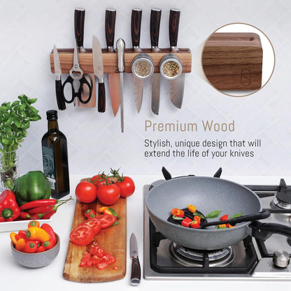 Premium 24 inch Magnetic Knife Holder for Wall with 2x Storage & Charming Wood - Knife Magnetic Strip, Under Cabinet Magnet Knives Storage - Magnet Strip Rack Kitchen Utensil Holder Organizer Tool