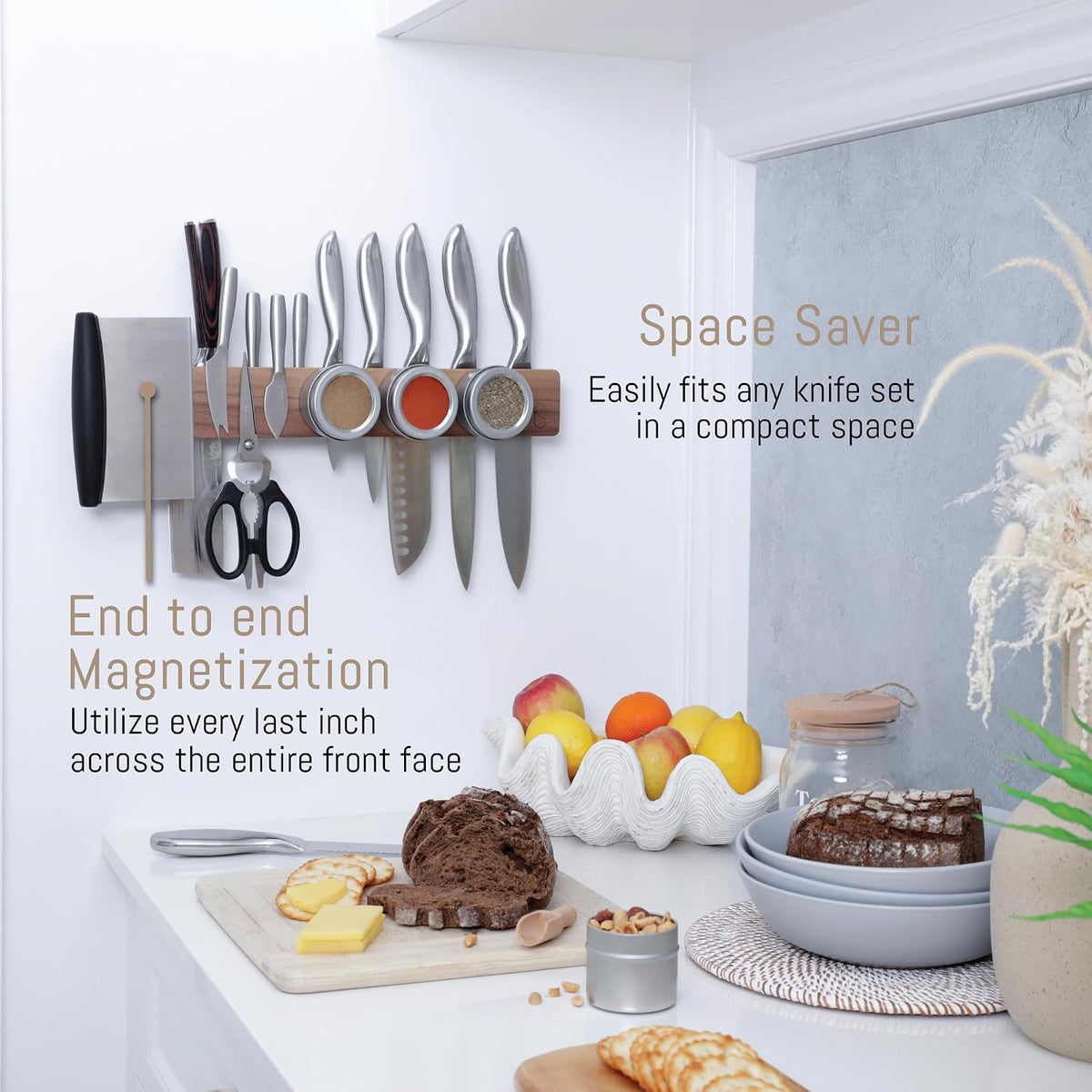 Premium 24 inch Magnetic Knife Holder for Wall with 2x Storage & Charming Wood - Knife Magnetic Strip, Under Cabinet Magnet Knives Storage - Magnet Strip Rack Kitchen Utensil Holder Organizer Tool
