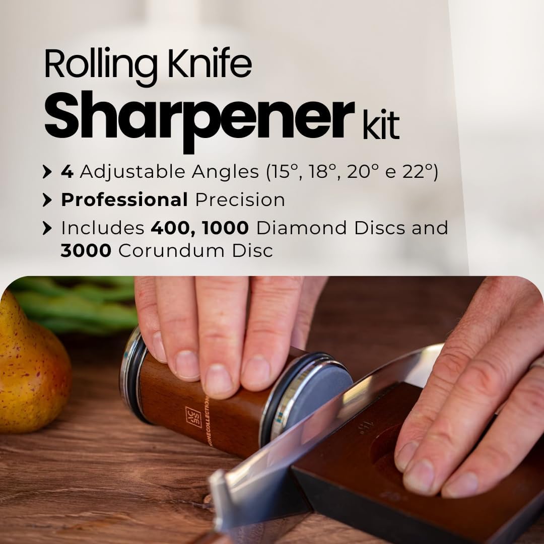 Rolling Knife Sharpener Kit – Manual Knife Sharpeners with Magnetic Holder – Kitchen Knives Sharpener with Diamond & Corundum Discs – 15°, 18°, 20° & 22°